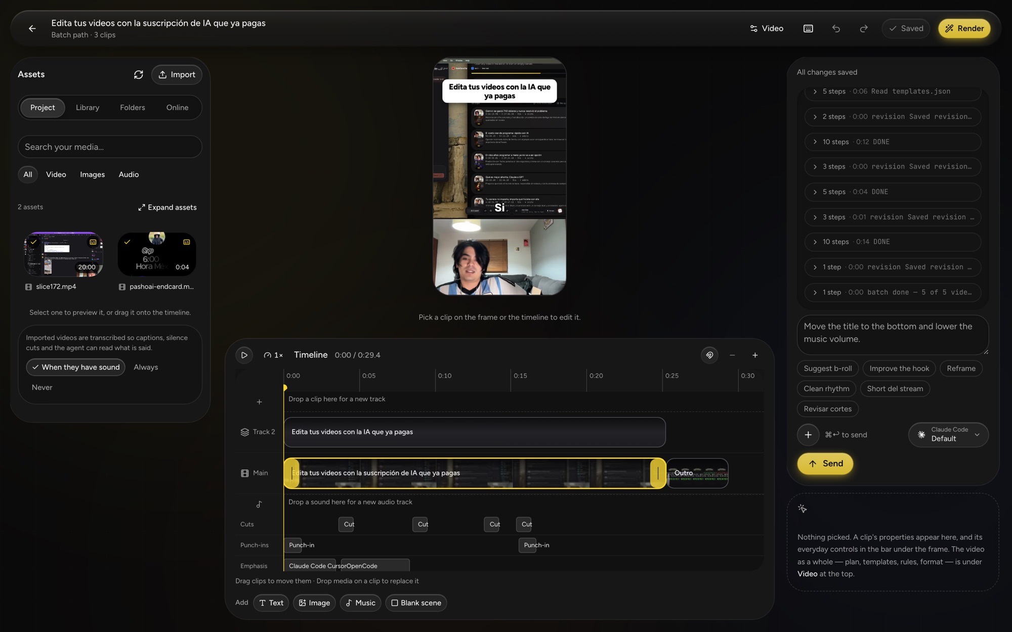 The agentcut studio: assets on the left, a vertical clip in the preview, the timeline below and the agent conversation on the right.